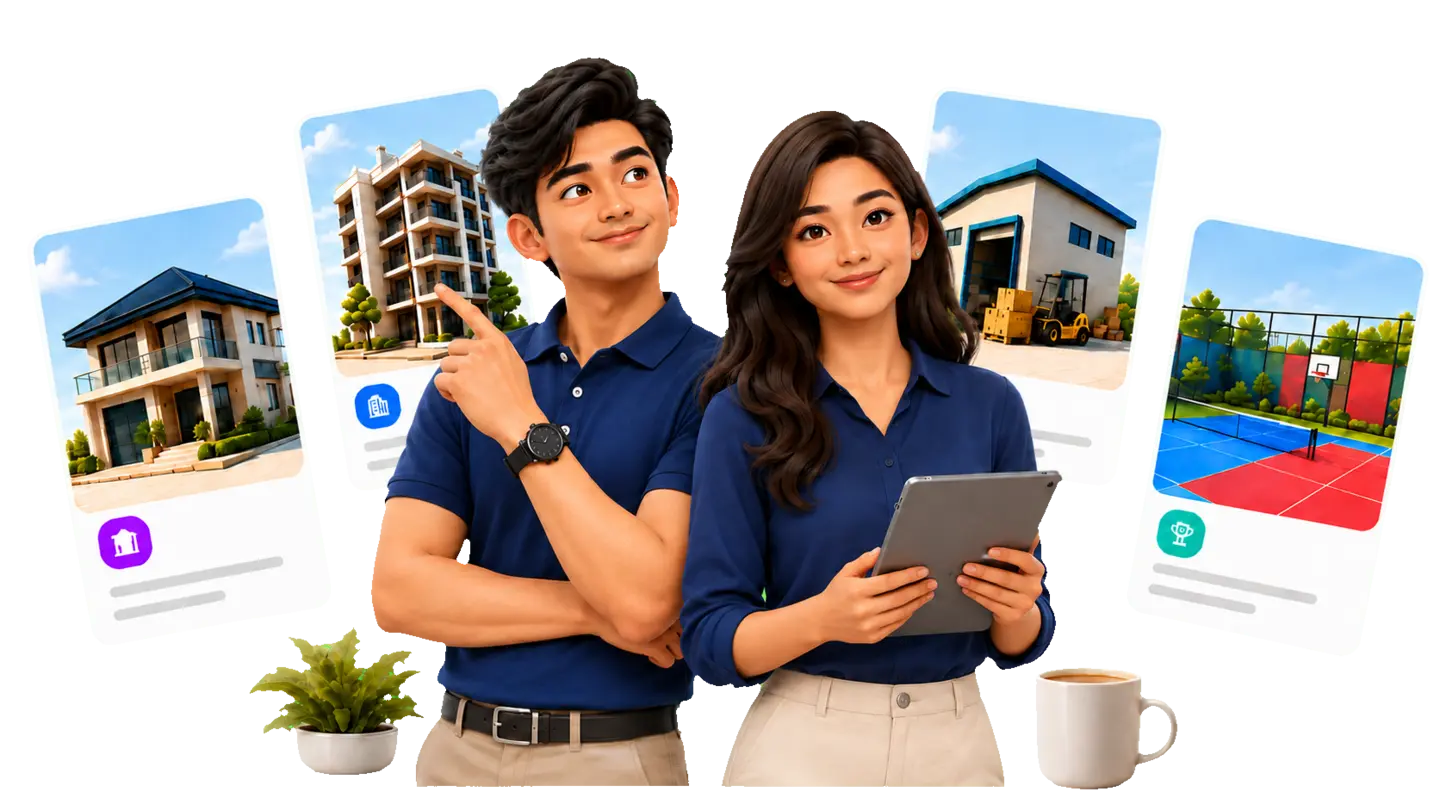 A property management team surrounded by rental and business space previews