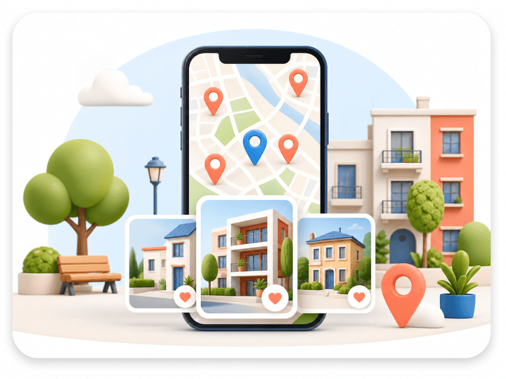 Map and saved property cards illustration