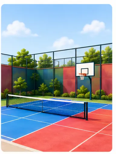 Outdoor multi-sport court for tennis and basketball