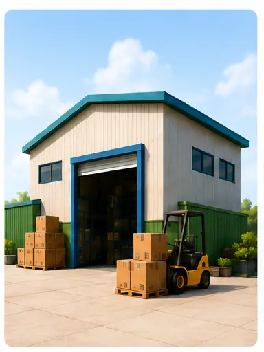 Warehouse with loading space, boxes, and a forklift