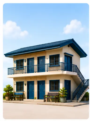 Two-storey boarding house with blue doors and balconies