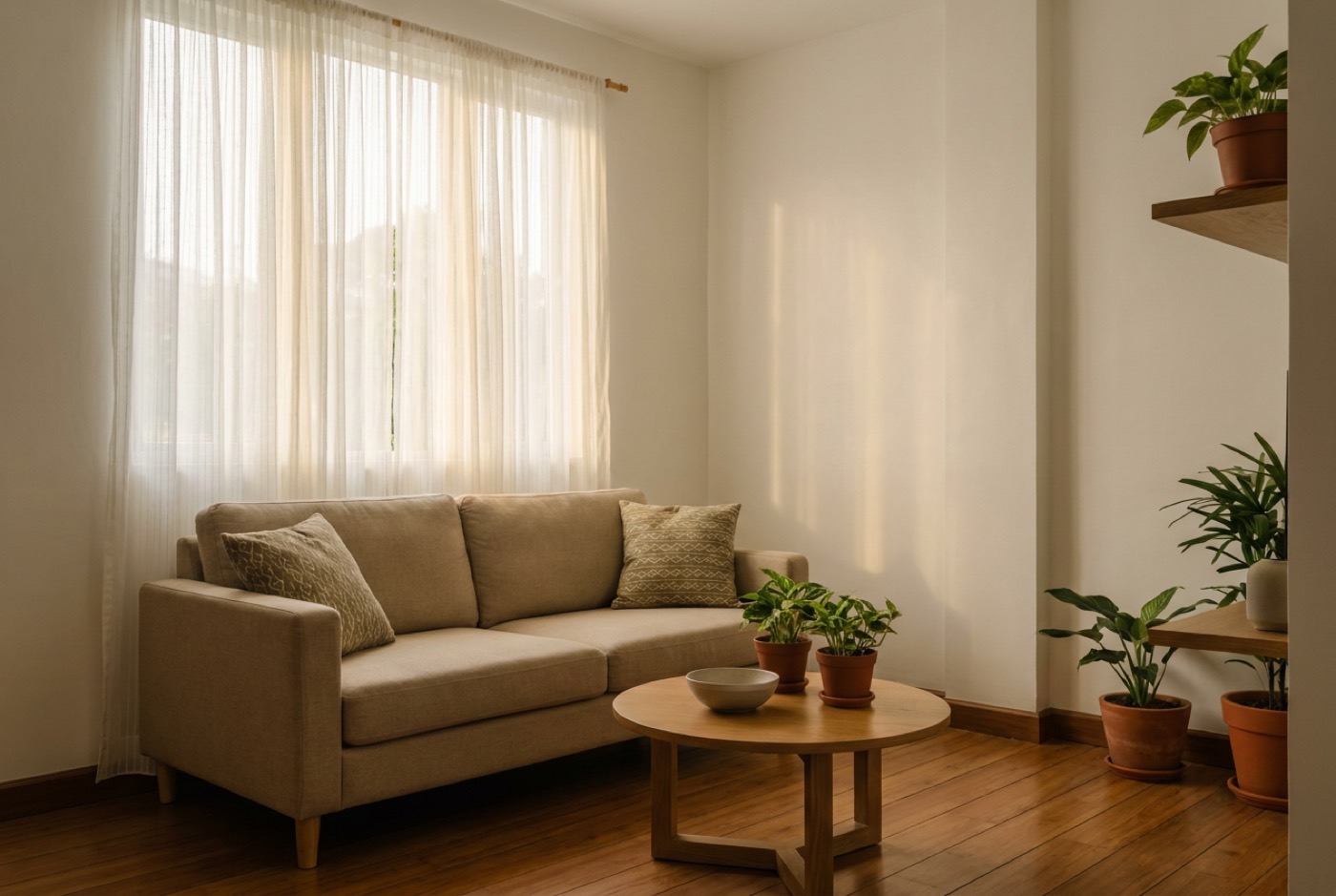 Bright furnished living area of a small rental home